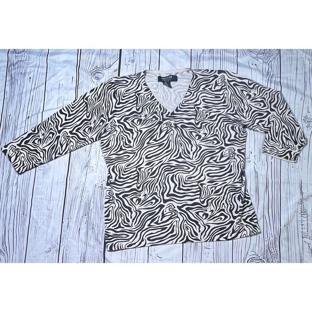 Parisian Signature Zebra Print V-Neck 3/4 Sleeve Blouse Silk Blend Medium Petite
